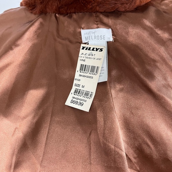 Faux Fur Bomber Jacket Chevron Brown High Neck Front Zip Size Medium - Picture 10 of 11